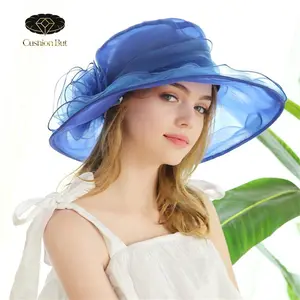 Women Elegant Sun Hat Wide Brim Kentucky Derby Mesh Sun Hat Wedding Tea Party Church Organza Cap