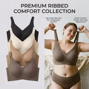 4PCS Seamless Push-Up Jelly Bra | Plus Size Wire-Free Ribbed Everyday T-Shirt Bralette | High Stretch, Ultimate Lift & Soft Sleep Comfort Underwear (M-4XL)