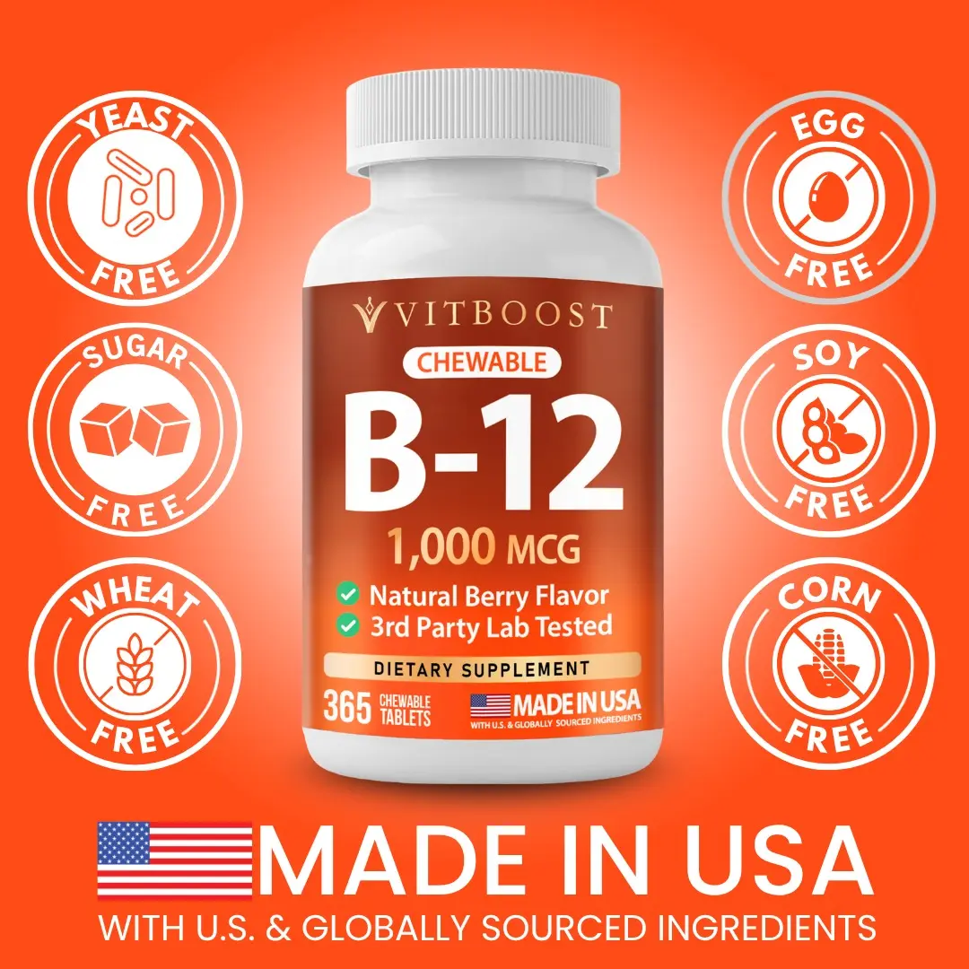 VITBOOST Vitamin B12 1000 mcg Chewable Tablets - 365 Count Natural Berry Flavor B-12 Vitamin for Energy & Nervous System Support - Non-GMO, Vegan Tablets - Made in USA