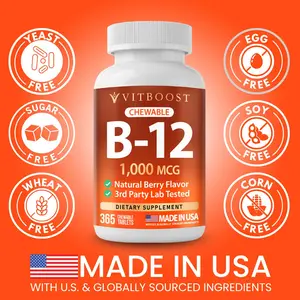 VITBOOST Vitamin B12 1000 mcg Chewable Tablets - 365 Count Natural Berry Flavor B-12 Vitamin for Energy & Nervous System Support - Non-GMO, Vegan Tablets - Made in USA