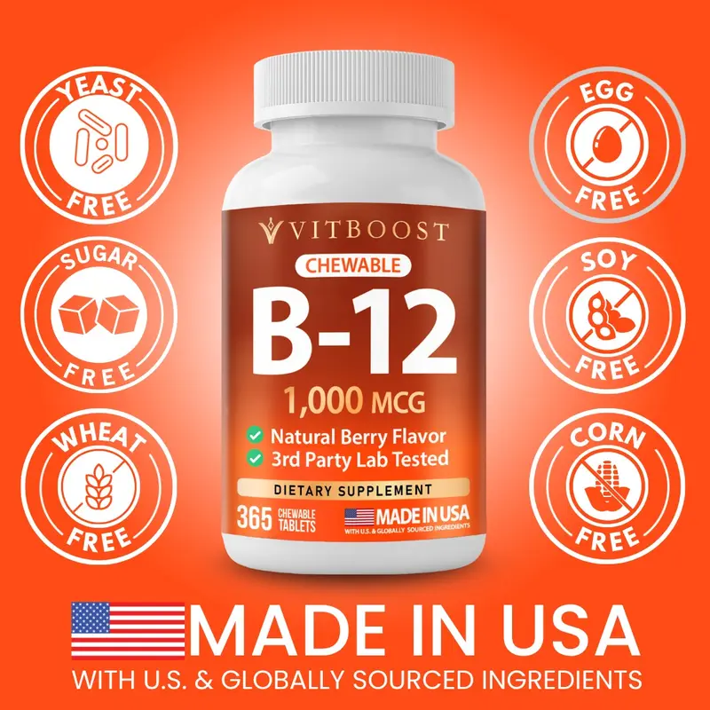 VITBOOST Vitamin B12 1000 mcg Chewable Tablets - 365 Count Natural Berry Flavor B-12 Vitamin for Energy & Nervous System Support - Non-GMO, Vegan Tablets - Made in USA