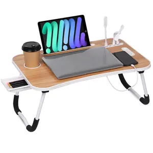 Foldable Laptop Table, Portable Lap Desk Bed Table Tray, Laptop Stand with Cup Holder & Tablet Slot & Lifting Handle for Working Writing Drawing & Eating (Black)