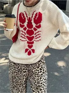Women's Fall Winter New Retro Sweater, Casual Round Neck Lobster Print Knit Cardigan Long Sleeve, Y2K Knit Top, Fitted Style Knitwear, Womenswear