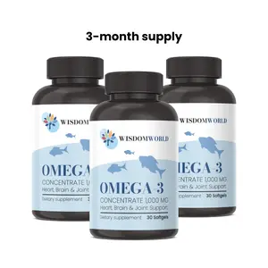 Wisdom World Omega-3 Fish Oil 1000 mg 30 Softgels, 3 Month Supply