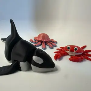 3D Printed Orca, Crab, and Squid Flexi Sea Animals Pack of 3 collectible gifts
