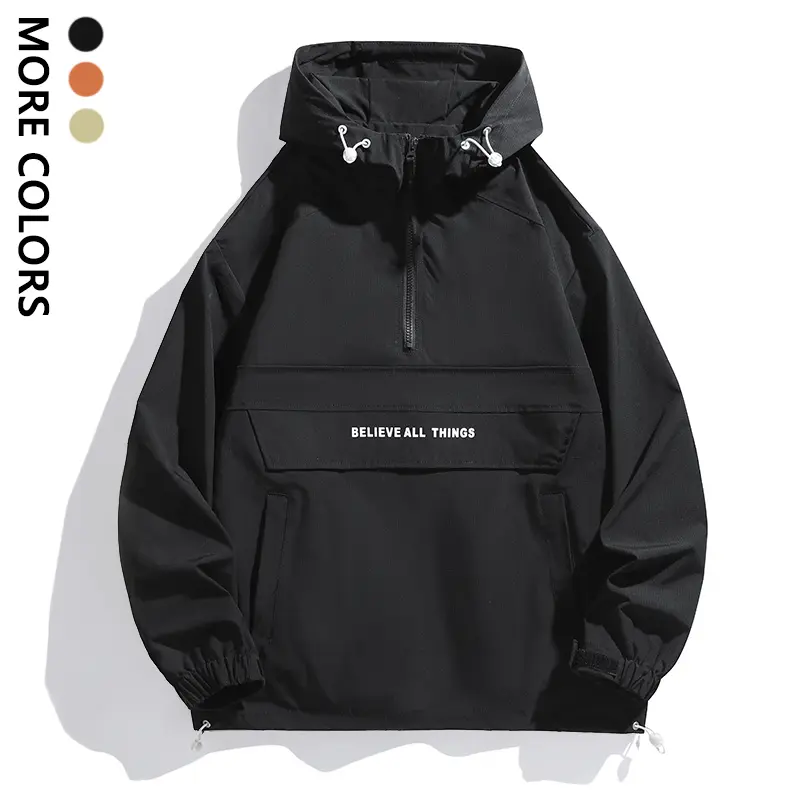 Men’s half-zip anorak hooded windbreaker jacket, letter-print pullover overshirt, drawstring hood and elastic cuffs, street-style windproof outerwear for daily travel, spring/fall men’s coat