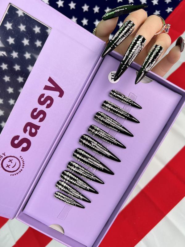 SASSY NAILSHOP longsquare 10 PCS (Length:2.2 inches) hand pressed on nails Nightclub nails for girlfriend  gift Acrylic Nail Art Nails New Collection, French New Pink White Glitter Bright Kiss Nails Acrylic Kit, Beauty Secrets Nail