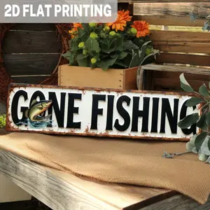 1PC 2D Flat, Go Fishing Metal Wall Decor, Wall Metal Plaque, Vintage Fisherman Sign, 3.93x15.74inch Country Style, Rustic Farmhouse Design Garage Decor, Suitable for Man Cave, Lakeside Cabin, Pre-Drilled Design, Distressed Effect