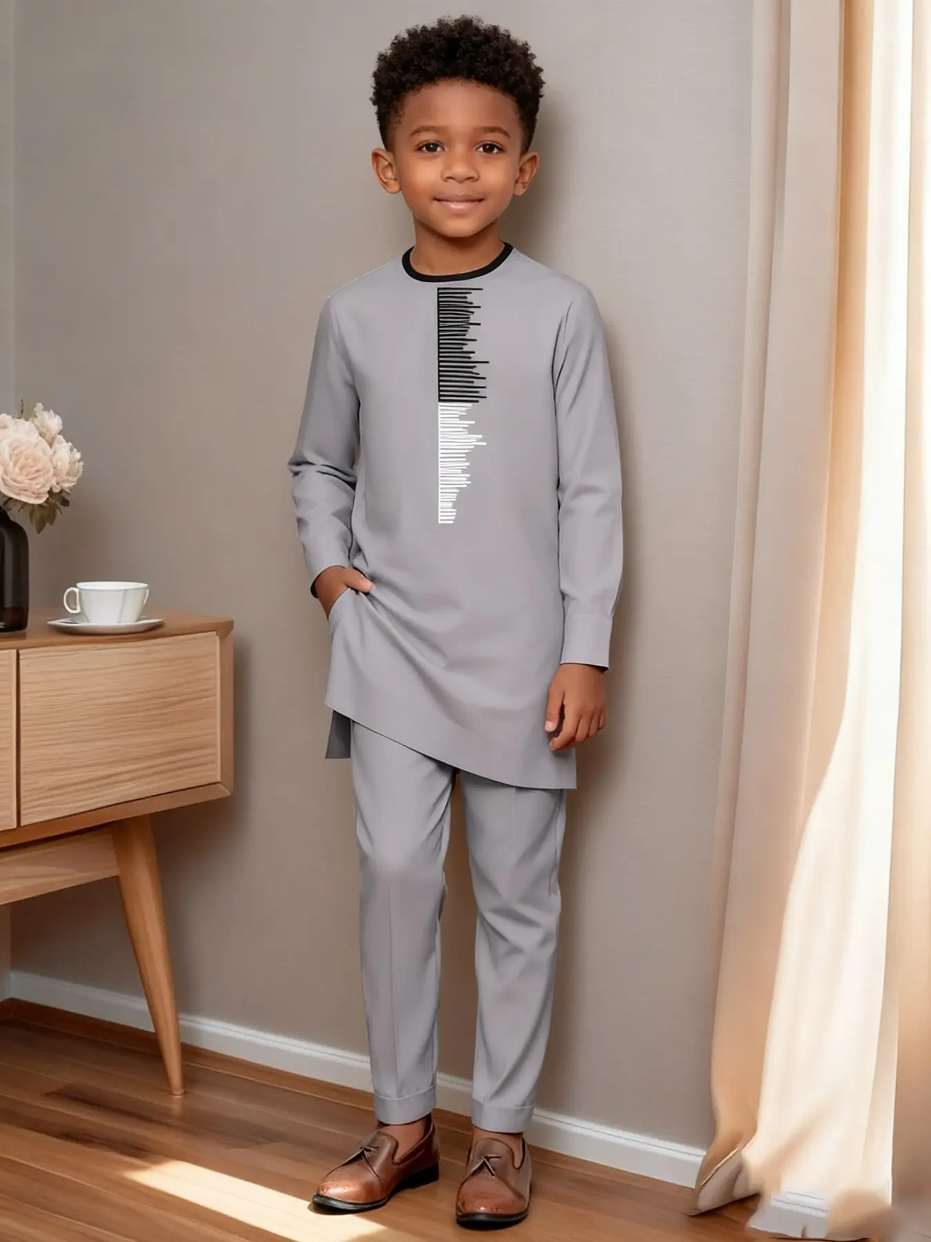 Boys' Minimalist African Style Kaftan Set, Two Piece Kids Clothing, Comfortable and Stylish Outfit, Suitable for Daily Wear and Parties