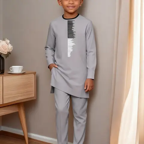 Boys' Minimalist African Style Kaftan Clothes Set, Two Piece Kids Clothing, Comfortable and Stylish Outfit, Suitable for Daily Wear and Parties