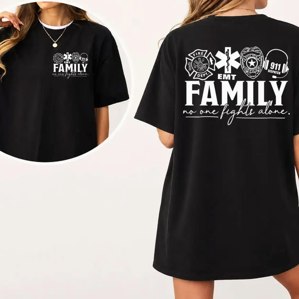[100% Cotton] First Responder Family T-Shirt merch, Fire Dept EMT Police 911 Dispatcher Merch Tee, No One Fights Alone Shirt, Hero Support Graphic Tee, Unisex Streetwear Top, Gift for First Responder Family