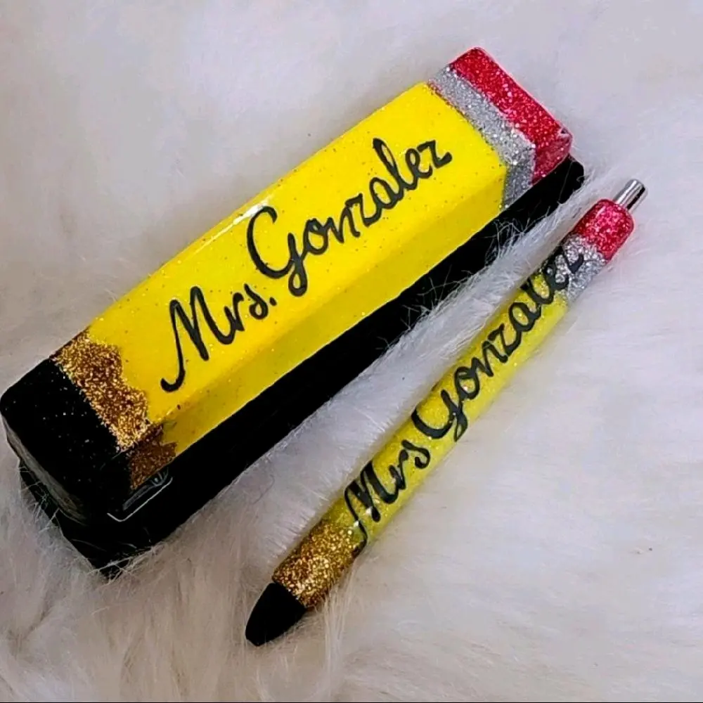Custom Teacher Stapler and Pen Set with Personalized Name, Yellow Glitter Design Black Body Red Accents