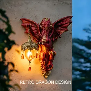 Red Dragon Wall Lamp, Gothic Vintage Wireless Night Light with Warm Glow Crystal Drops, Resin Sculpture for Bedroom Hallway Home Decor