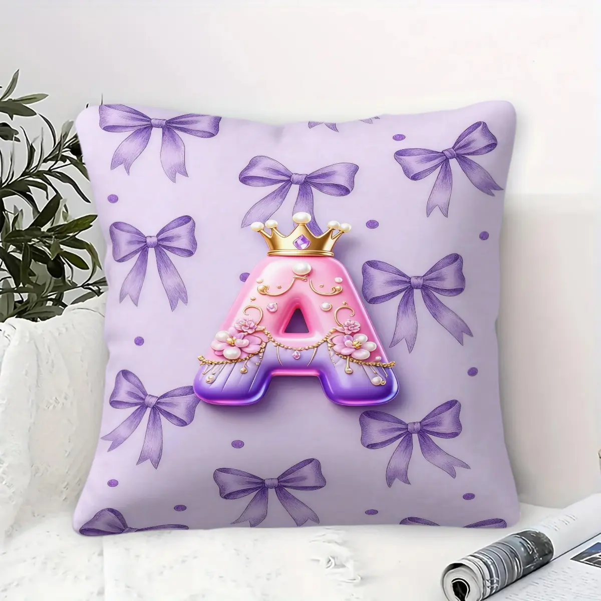 Purple Bow Gold Crown Letter A-Z Print Throw Pillow,Sweet Princess Style Decorative Cushion,Home Decorative Cushion,Kawaii Bow Accent Pillow,Soft Square Decor Pillow for Couch,Bed,Dorm & Bedroom Decor,Ideal Gift for Princess & Bow Style Fans