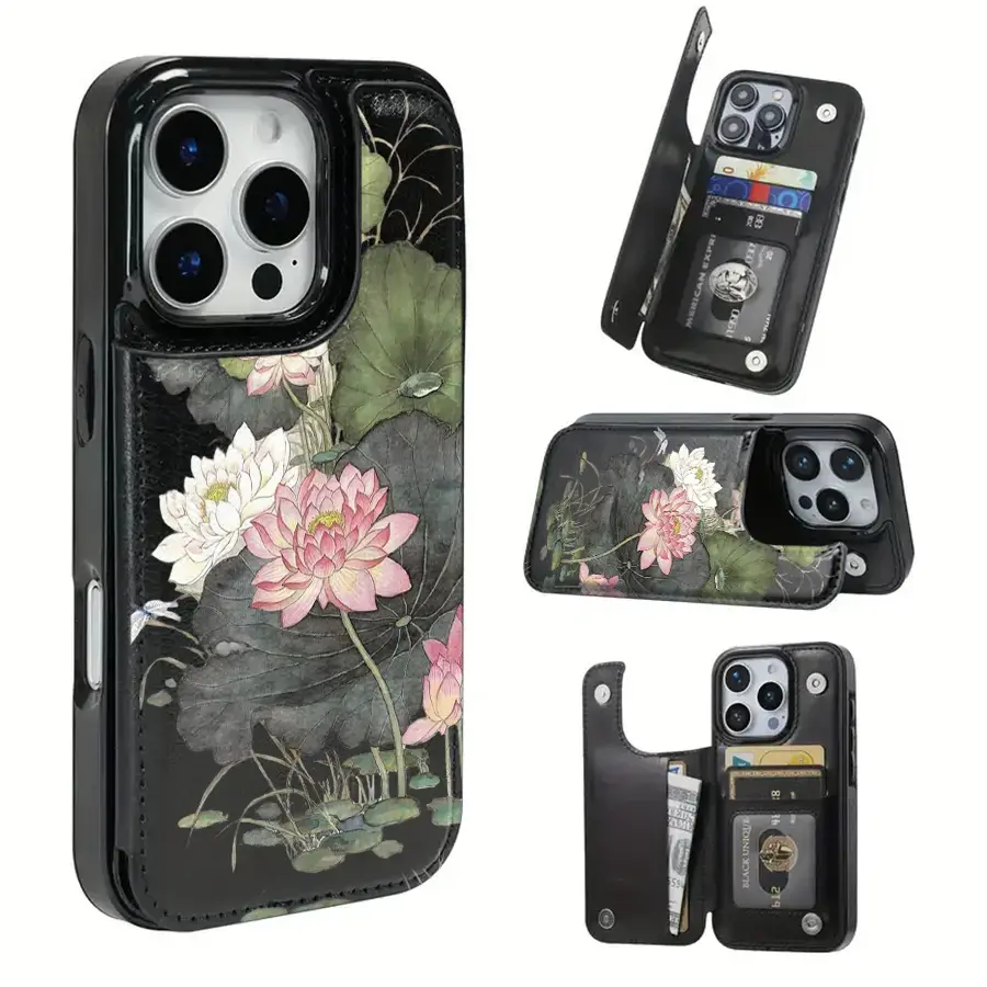 Mobile phone case: Lotus theme function protective case, built-in card clip design, can store bank cards, transportation cards and other cards, suitable for iPhone 16 Pro Max, iPhone 17/Air/16/15/14/13/12 Pro/11/XS Plus Max
