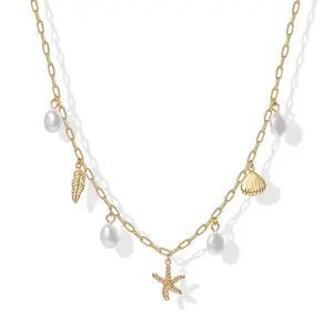 PAVOI 14K Gold Plated Coastal Charm Necklace for Women – Waterproof Stainless Steel Chunky Beach Necklace with Pearl, Seashell & Starfish – Trendy Gold Statement Summer Jewelry