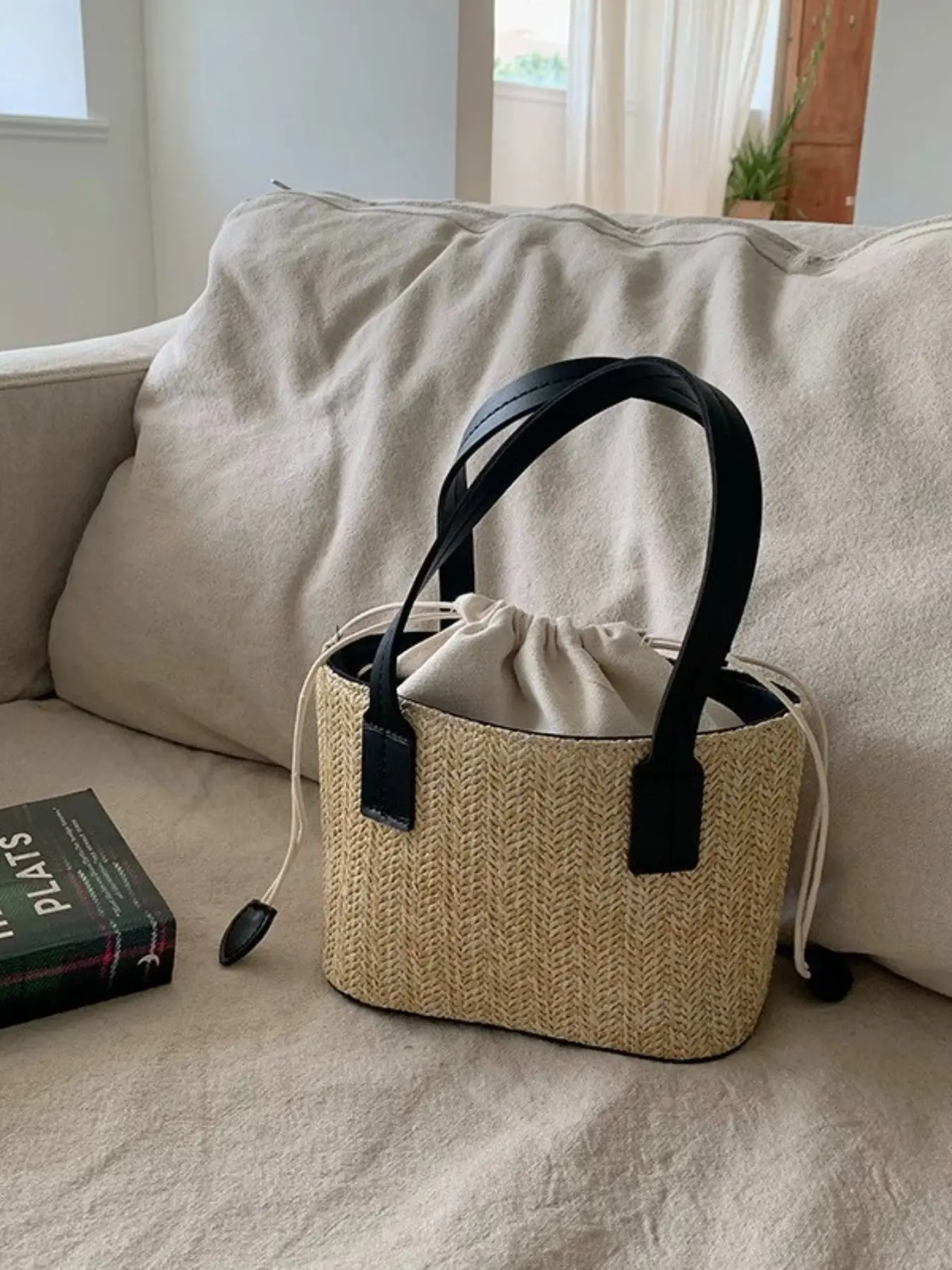 Spring Summer Raffia Woven Bag, Large Capacity Drawstring Bucket Basket, Korean Style Casual Vacation Women's Bag, Handheld Shoulder Crossbody, Shopping Bucket Bag