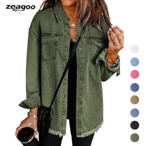 zeagoo Women’s Oversized Button Up Frayed Hem Shacket Long Sleeve Pockets Denim Jean Jacket Fashion Soft