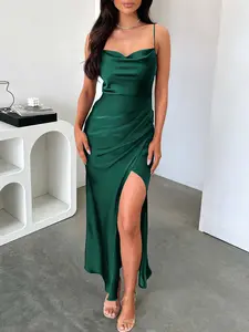 Elegant Solid Satin High Split Dress with Thin Straps, Ruffled Design, Perfect for Special Occasions and Night Out