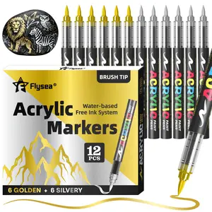 12 Pcs Paint Pens Acrylic Markers - Black, White, Gold, Silver,Soft Brush Tip Water Based Marker Pens for Rock Painting, Wood, Ceramic, Glass, Acrylic Paint Markers for Egg Pumpkin