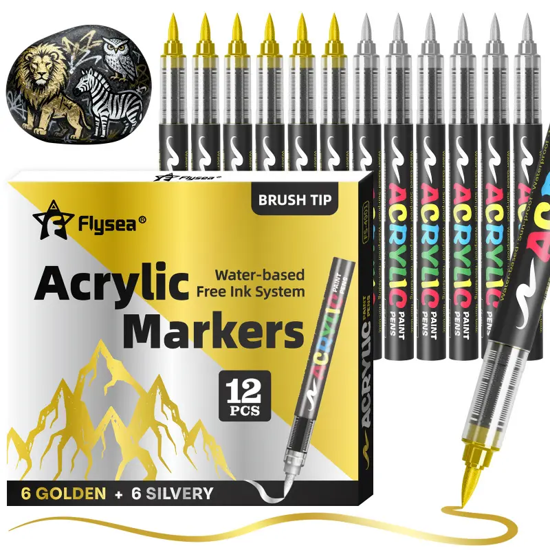 12 Pcs Paint Pens Acrylic Markers - Black, White, Gold, Silver,Soft Brush Tip Water Based Marker Pens for Rock Painting, Wood, Ceramic, Glass, Acrylic Drawing Markers, Acrylic Paint Markers for Egg Pumpkin Art Markers Set