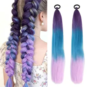 K-Pop Girl Group Role Play Wig, 26 Inch Braided Wig for Kids, Long Yaki Straight Hair, Heat Resistant Puff Ponytail Hairstyle