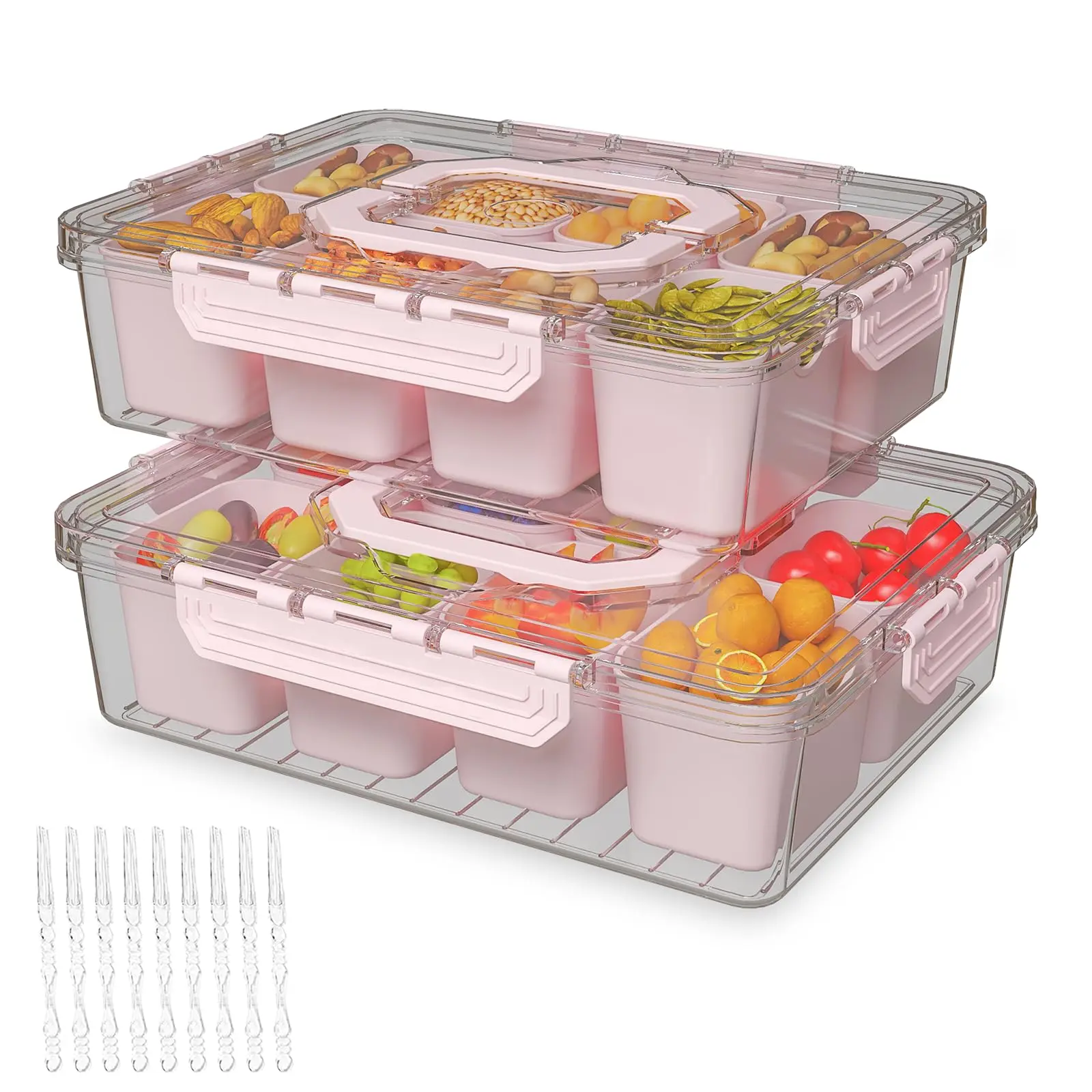Portable Kitchen Utensils Divided Serving Tray with Lid and Handles - 8 Compartments Snack Container, Charcuterie Organizer for Candy, Nuts, Fruits, 2-Pack Pink Preserving Container