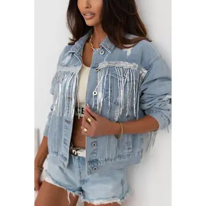 Sequin Fringe Trim Distressed Button Up Denim Jacket