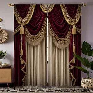 2 pieces of European court-style printed faux two-piece decorative curtains, semi-transparent for privacy protection, fade-resistant, machine washable and hand washable, suitable for bedroom and living room decoration.