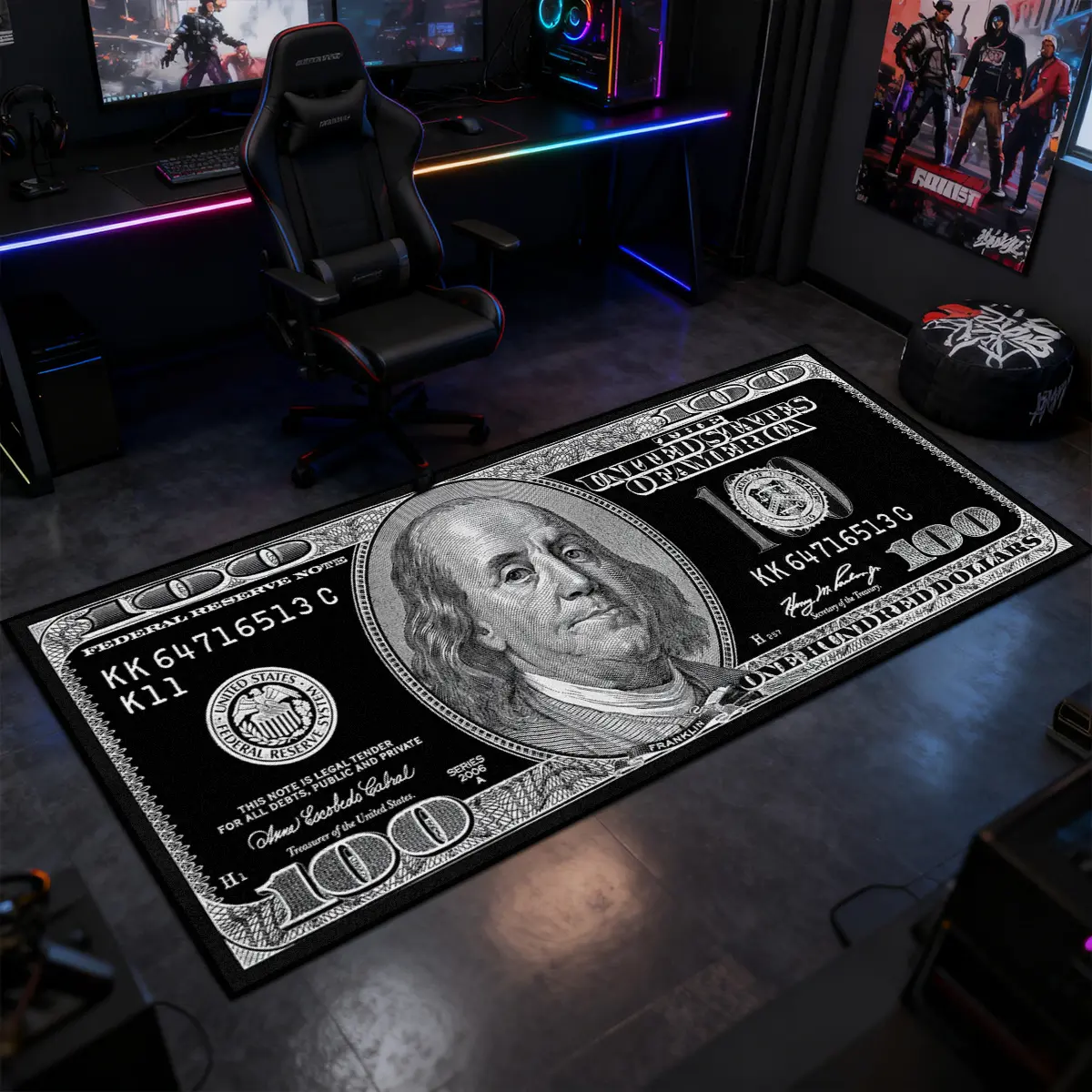 Black dollar rug, Decorative rug, dollar bill pattern carpet, soft velvet area rug, Black $100 Dollar money pattern design, gift, home decor, Living room rugs, suitable for bedroom, hallway, living room, Multiple sizes