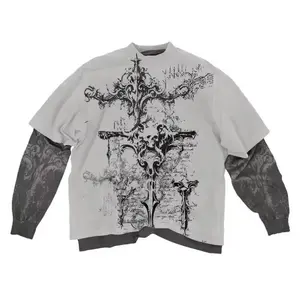 Mens 2000s American Skull Pattern Long Sleeved T shirt Fashion Round Neck Oversized Style Casual Gothic Clothing Tops for Daily Wear