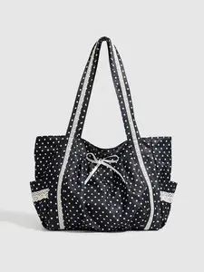 A niche personalized cool and stylish polka dot tote bag with lace edging and bow, multiple side pockets for storage, reasonable separation, large capacity practical texture shoulder bag, suitable for commuting/shopping/going out, Trendy tote bag