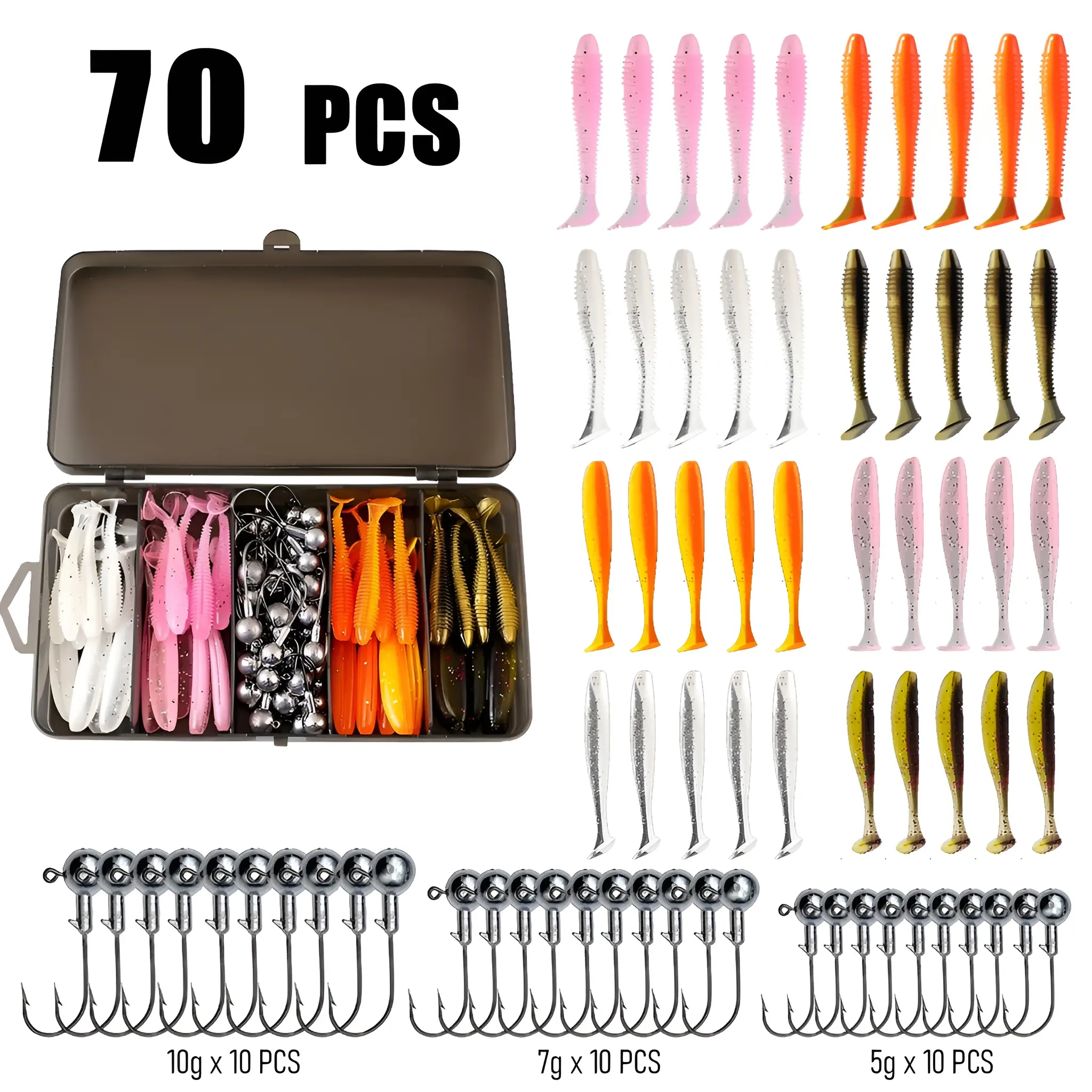 Fishing Lure Kit, 33/70 PCS Fishing Lure Set, Fishing Accessories Including T-tail bait, lead hook, a complete set tiktokshopspringglowup,summervibes
