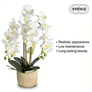 Porch decor.ennva ceramic potted artificial orchid flowers, white faux phalaenopsis for table decoration, realistic artificial flower ornaments suitable for home and office interior decoration