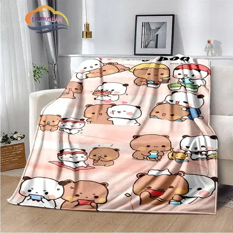 Bubu Dudu Daily Moments Flannel Blanket, Kawaii Panda & Bear Throw, Soft Cozy Fleece Blanket, Cute Bubu Dudu Daily Activities Pattern Design, Warm Throw for Couch Bed, Gift for Bubu Dudu Fans
