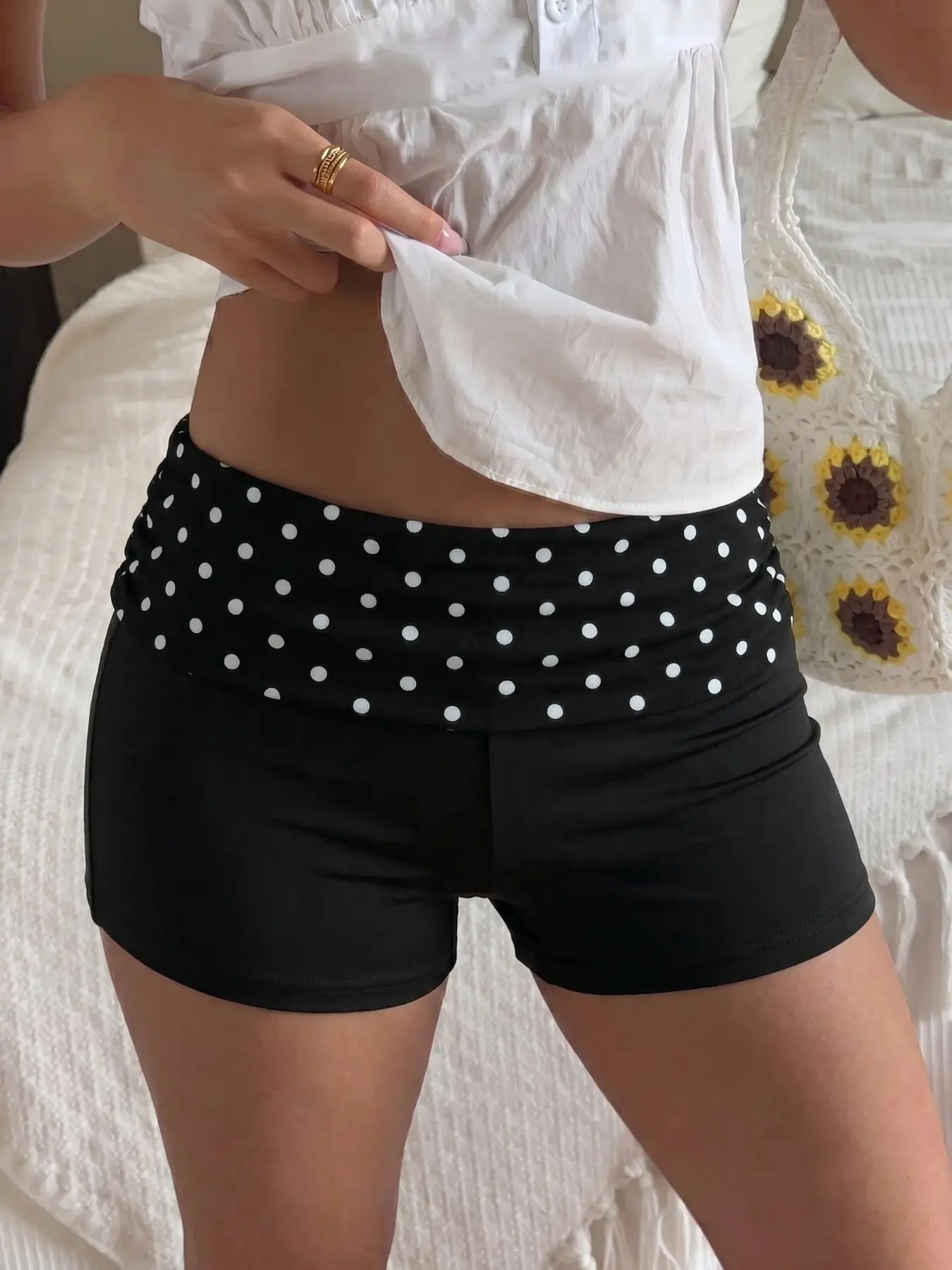 Buttery Soft Breathable Lightweight Fold Over Polka Dot Waistband High Waisted Slim Fit Tummy Control Casual Everyday Loungewear No Ride Up Stretchy Fabric Biker Shorts, Casual Fashionable Shorts, Elastic Yoga Shorts for Women