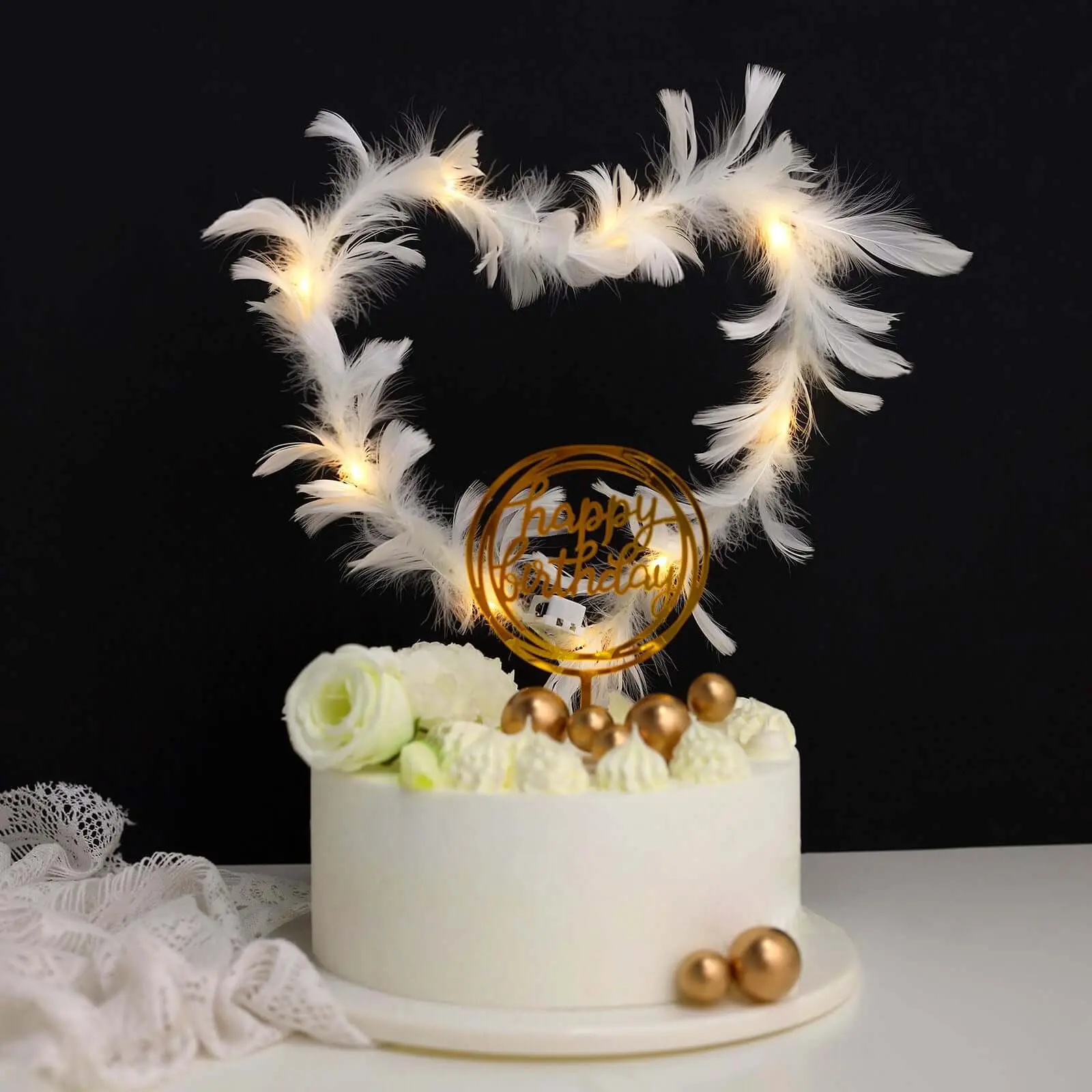 Ostrich Feather Cake Topper 35" with LED Light Up Design - Real Feather Wedding Cake Decor