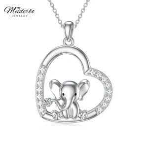MEIDERBO S925 Sterling Silver Elephant Animal Necklace Cute Animal Heart shape Jewelry Gifts for Women Mother Sister Friends
