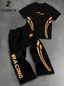 Men's Racing Print Geometric Two-Piece Set, Cool Street Design, Casual Fitted Pants, Daily Wear, Car Enthusiast Party, Eye-Catching Style