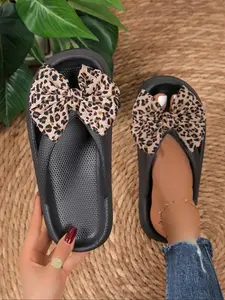 Women's Fashionable Leopard Print Bow Decor Flip Flops, Casual Soft Comfortable Flat Sandals, Non-slip Slippers for Indoor & Outdoor Wear, Fashionable Slide Sandals