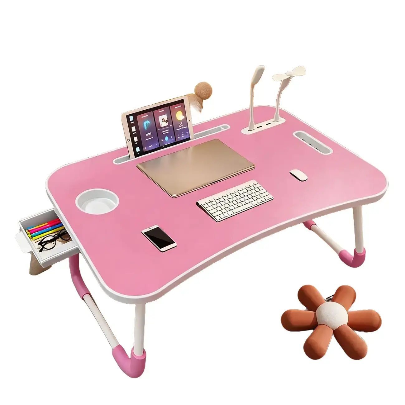 Portable Foldable Compact Laptop Desk - Ergonomic Laptop Stand Workstation with 4 USB Ports, Cooling Fan, LED Light, Cup Holder, Storage Drawer | Ideal for Bed, Home Office Use