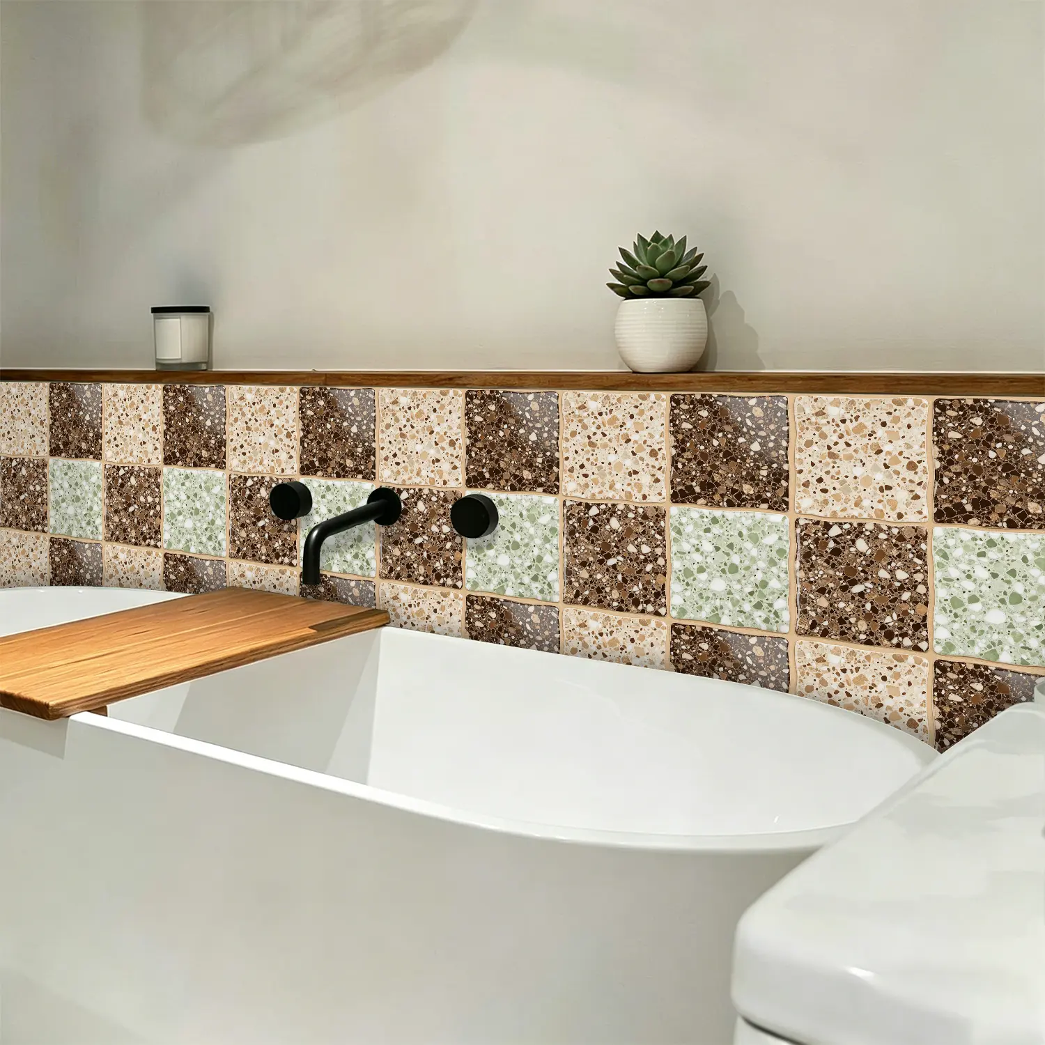 10PCS Peel and Stick Terrazzo Tile Stickers - Waterproof, Oilproof, Removable Decorative Backsplash Paneling 3D Wall Panels, Light Beige Speckle Terrazzo Square Peelable 3D Wall Decals for Kitchen Bathroom Home Improvement, Tiles Sticker, Light Beige Spec