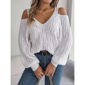 Women’s plain cut-out cold-shoulder cable knit sweater, casual textured bishop-sleeve jumper for autumn and winter, women’s knitwear top for everyday wear