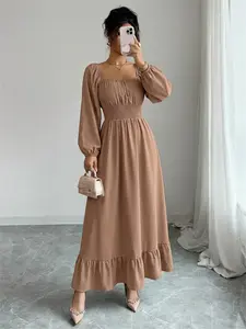 Spring & Fall Casual Womenswear Square Neck Long Sleeve Ruched Waist Pleated Beach Vacation Mid-Length Solid Color Dress