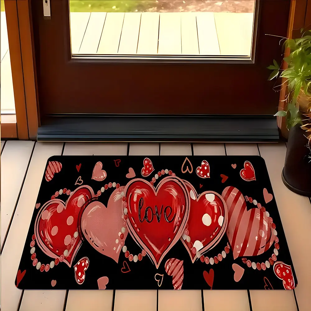 Valentine's Day Love Heart Doormat, Romantic Red Pink Hearts "Love" Print Welcome Mat, Anti-Slip Highly Absorbent Quick Dry Floor Mat, Soft Low-Profile Indoor Outdoor Entrance Rug for Front Door Porch Entryway, Valentine's Day Home Decor, Gift for Family