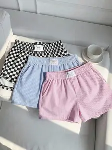 3-piece set, checkered and striped pattern casual versatile comfortable breathable shorts, elastic waist loose fit, comfortable breathable fabric, preferred for women's summer sports and daily wear