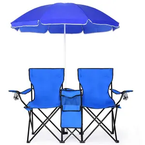 Folding Picnic Double Chair W/Umbrella Table Cooler Beach Camping  camping  chair  with  umbrella