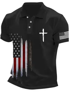 Flag Theme T-Shirt, Breathable Quick-Dry Golf Casual Shirt, Golf Tournament Shirt, Lightweight Elastic Polyester Button Design, Summer Office Wear, Daily