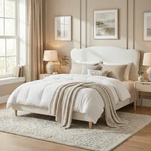 Garvee Queen Size Upholstered Headboard Bed Frame, Low Profile Platform Bed with Rounded Corner Design, Durable Wooden Slats, Quiet and Sturdy Construction