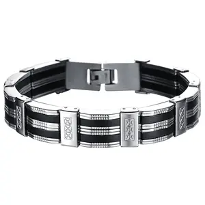 OIDEA Stainless Steel Silicone Wristband Bracelet for Men, 8.27 Inch 13mm Wide Silver Black Bangle with Gift Bag, Punk Hip Hop Gift